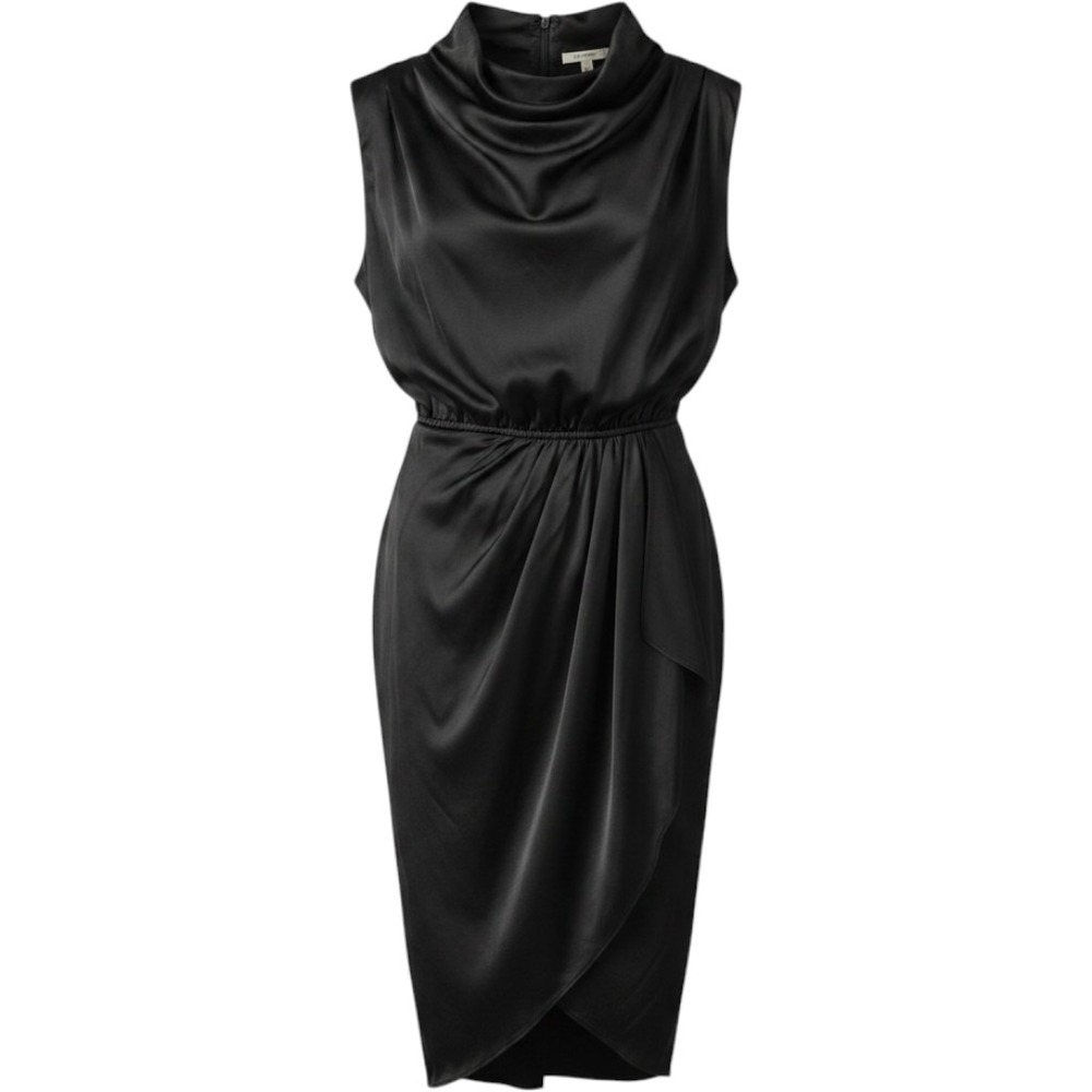 Entro Black Satin Cowl Neck Padded Shoulder Tulip Wrap Midi Dress Large L